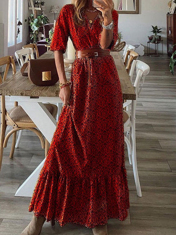 Woochic robe longue tropicale à volantée fluide ceinture v-cou trapèze manches au coude bohème plage Bordeaux S